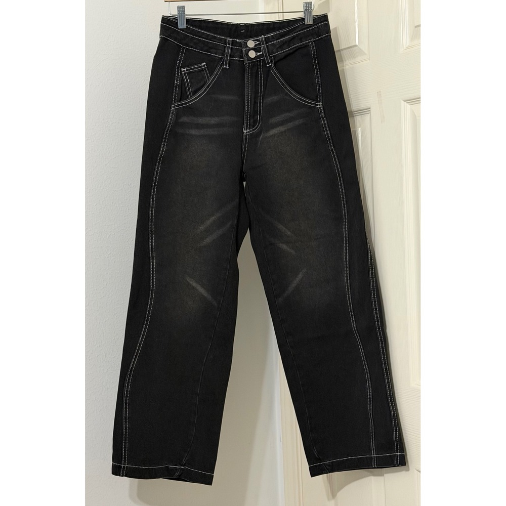 Black Wide Leg Women's sz‎ XS Jeans High Waisted Double Button Streetwear Y2K